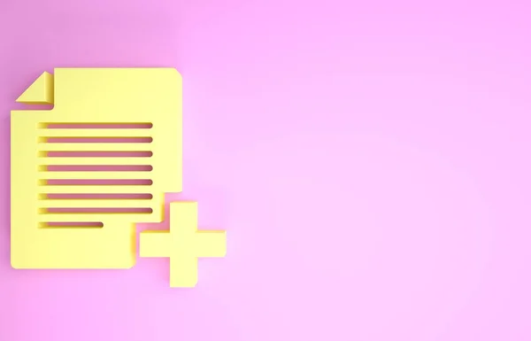 Κίτρινο Προσθήκη νέου εικονιδίου αρχείου που απομονώνεται σε ροζ φόντο. Αντιγραφή εικονιδίου εγγράφου. Μινιμαλιστική έννοια. 3D απεικόνιση 3d καθιστούν — Φωτογραφία Αρχείου