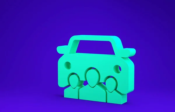 Πράσινο αυτοκίνητο κοινή χρήση με την ομάδα των ανθρώπων εικονίδιο απομονώνονται σε μπλε φόντο. Πινακίδα μοιράσματος. Έννοια υπηρεσίας ενοικίασης μεταφορών. Μινιμαλιστική έννοια. 3D απεικόνιση 3d καθιστούν — Φωτογραφία Αρχείου