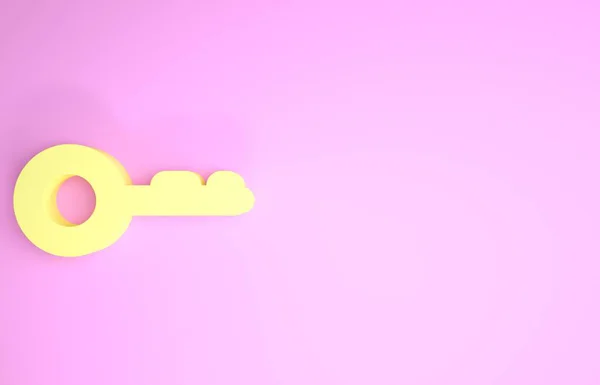 Κίτρινο κλειδί εικονίδιο που απομονώνεται σε ροζ φόντο. Μινιμαλιστική έννοια. 3D απεικόνιση 3d καθιστούν — Φωτογραφία Αρχείου