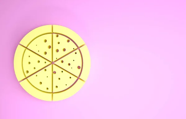 Ícone de pizza amarelo isolado no fundo rosa. Conceito de minimalismo. 3D ilustração 3D render — Fotografia de Stock