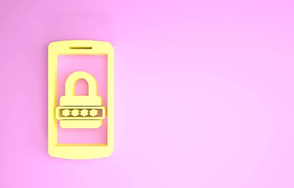 Żółty Telefon komórkowy i ikona ochrony hasłem izolowane na różowym tle. Bezpieczeństwo, bezpieczeństwo, dostęp osobisty, autoryzacja użytkownika, prywatność. Koncepcja minimalizmu. Ilustracja 3d — Zdjęcie stockowe