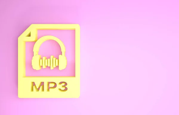 Documento del file MP3 giallo. Scarica icona pulsante mp3 isolato su sfondo rosa. Segno di formato musicale Mp3. Simbolo file MP3. Concetto minimalista. Illustrazione 3d rendering 3D — Foto Stock