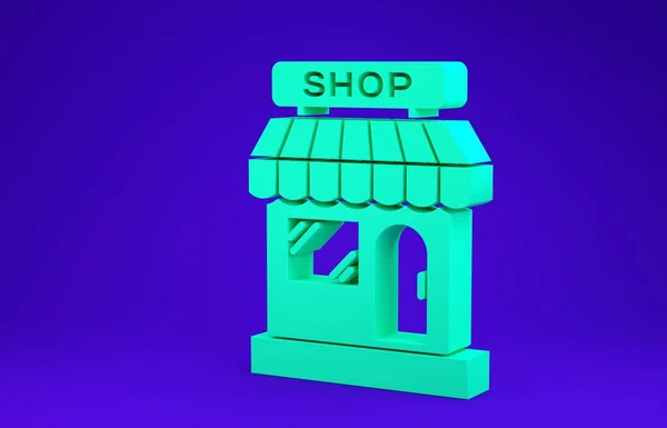 Green Shopping Gebäude oder Marktladen Symbol isoliert auf blauem Hintergrund. Ladenbau. Minimalismus-Konzept. 3D Illustration 3D Renderer — Stockfoto