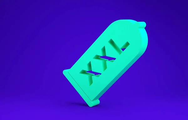 Ícone de sexo seguro preservativo verde isolado no fundo azul. Símbolo de amor seguro. Método contraceptivo para homens. Conceito de minimalismo. 3D ilustração 3D render — Fotografia de Stock