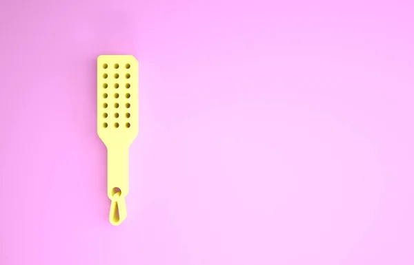 Gul smisk paddelikon isolerad på rosa bakgrund. Fetischt tillbehör. Sexleksaker för vuxna. Minimalistiskt koncept. 3D-illustration 3D-återgivning — Stockfoto