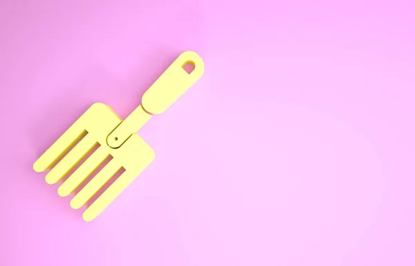 Yellow Garden vork pictogram geïsoleerd op roze achtergrond. Pitchfork icoon. Gereedschap voor tuinbouw, landbouw, landbouw. Minimalisme concept. 3d illustratie 3d renderen — Stockfoto