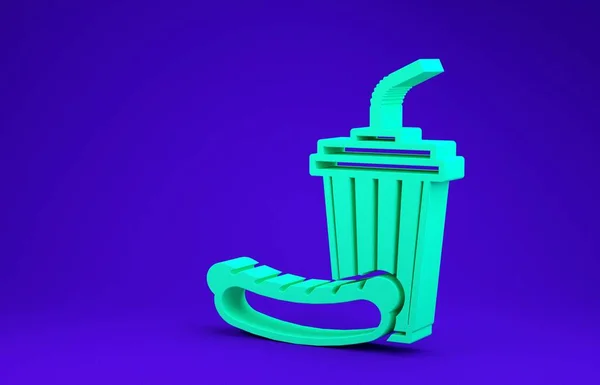 Soda verde e ícone de cachorro-quente isolado no fundo azul. Símbolo de comida rápida. Conceito de minimalismo. 3D ilustração 3D render — Fotografia de Stock
