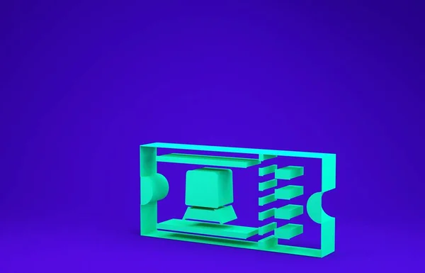 Grünes Zugfahrscheinsymbol isoliert auf blauem Hintergrund. Bahnfahren. Minimalismus-Konzept. 3D Illustration 3D Renderer — Stockfoto