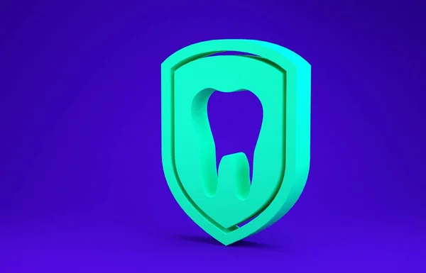 Ícone de proteção dental verde isolado no fundo azul. Dente no ícone do logotipo do escudo. Conceito de minimalismo. 3D ilustração 3D render — Fotografia de Stock