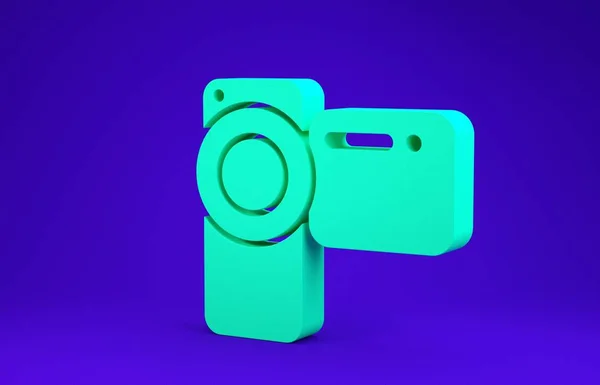 녹색 시네마 카메라 아이콘은 파란색 배경에 분리되어 있습니다. 비디오 카메라. 영화 간판이야. 영화 프로젝터. 미니멀리즘의 개념입니다. 3d 삽화 3D 렌더링 — 스톡 사진