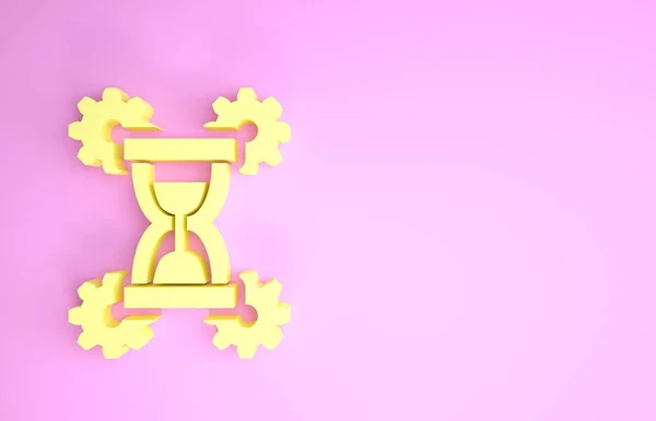 Reloj de arena amarillo e icono de engranaje aislado sobre fondo rosa. Símbolo de gestión del tiempo. Icono del reloj y el engranaje. Símbolo de productividad. Concepto minimalista. 3D ilustración 3D render —  Fotos de Stock