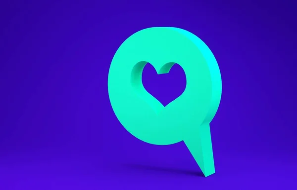 Zelené srdce v bublině řeči ikony izolované na modrém pozadí. Tvar srdce v bublině zpráv. Znamení lásky. Symbol Valentýna. Minimalismus. 3D ilustrace 3D vykreslení — Stock fotografie