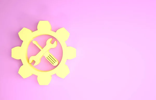 Symbole d'entretien jaune - clé et tournevis dans l'icône d'engrenage isolés sur fond rose. Symbole d'outil de service. Concept de minimalisme. Illustration 3D rendu 3D — Photo
