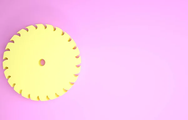 Ícone de lâmina de serra circular amarelo isolado no fundo rosa. Roda de serra. Conceito de minimalismo. 3D ilustração 3D render — Fotografia de Stock