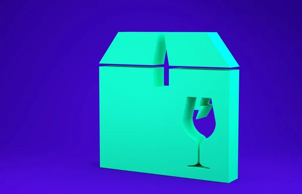 Boîte d'emballage de livraison verte avec le symbole de contenu fragile de l'icône en verre cassé isolé sur fond bleu. Boîte, paquet, panneau de colis. Concept de minimalisme. Illustration 3D rendu 3D — Photo