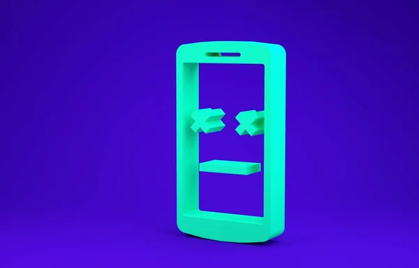 Ícone do telefone Green Dead isolado no fundo azul. SÃ mbolo emoji dispositivo digital falecido. Smartphone cadáver mostrando emoção facial. Conceito de minimalismo. 3D ilustração 3D render — Fotografia de Stock