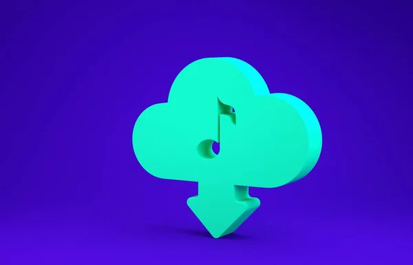 Green Cloud download music icon isolated on blue background. Music streaming service, sound cloud computing, online media streaming, audio wave. Minimalism concept. 3d illustration 3D render