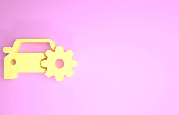 Значок обслуговування Жовтого автомобіля ізольовано на рожевому фоні. Автоматичне механічне обслуговування. Механічне обслуговування. Ремонт сервісного автомеханіка. Знак технічного обслуговування. Концепція мінімалізму. 3D ілюстрація 3D рендеринга — стокове фото