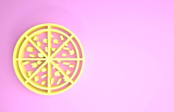 Ícone de pizza amarelo isolado no fundo rosa. Conceito de minimalismo. 3D ilustração 3D render — Fotografia de Stock