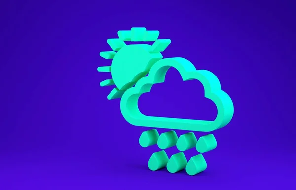 푸른 배경에는 비와 태양의 아이콘이 고립 된 녹색 구름이 있습니다. 비가 빗방울을 동반하여 비가 내리게 됩니다. 미니멀리즘의 개념입니다. 3d 삽화 3D 렌더링 — 스톡 사진
