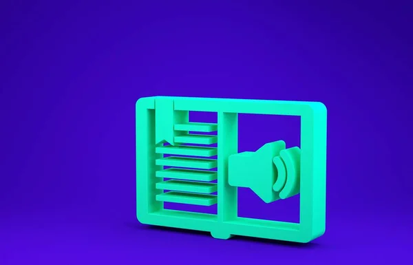 Icono de libro de audio verde aislado sobre fondo azul. Signo de audio guía. Concepto de aprendizaje en línea. Concepto minimalista. 3D ilustración 3D render — Foto de Stock