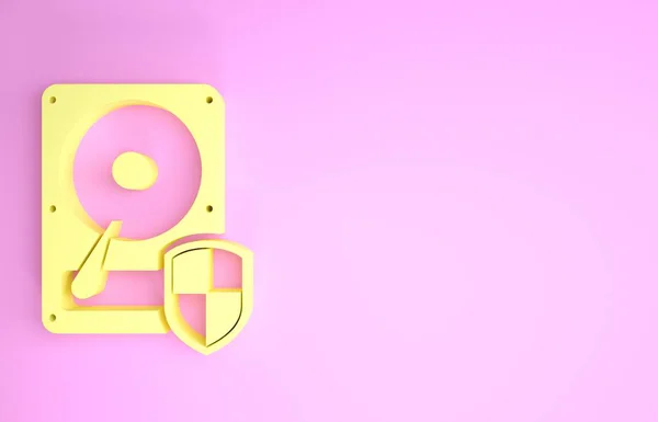 Жовтий жорсткий диск піктограма захисту HDD ізольована на рожевому фоні. Концепція мінімалізму. 3D ілюстрація 3D рендеринга — стокове фото