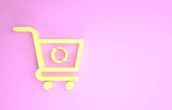 Jaune Rafraîchir icône panier isolé sur fond rose. Concept d'achat en ligne. Panneau de service de livraison. Mettre à jour le symbole du panier du supermarché. Concept de minimalisme. Illustration 3D rendu 3D — Photo