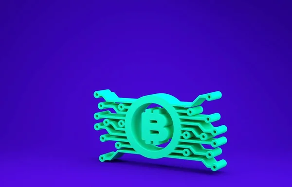 녹색 암호화 비트코인은 마이크로 칩 회로 아이콘 이 파란색 배경에 분리 된 원 안에 있다. 블록체인 기술, 디지털 금융 시장. 최소성 개념. 3D 일러스트 3D 렌더링 — 스톡 사진