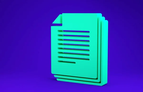 Ícone de documento verde isolado no fundo azul. Ícone de arquivo. Ícone da lista de verificação. Conceito de negócio. Conceito de minimalismo. 3D ilustração 3D render — Fotografia de Stock