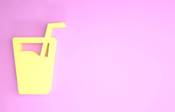 Kaca kuning dengan air dan tabung untuk ikon minum terisolasi di latar belakang merah muda. Soda glass. Konsep minimalisme. Tampilan 3D ilustrasi 3d — Stok Foto
