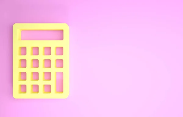 Κίτρινος υπολογιστής εικονίδιο απομονώνονται σε ροζ φόντο. Λογιστικό σύμβολο. Υπολογισμοί επιχειρήσεων Μαθηματικά εκπαίδευση και οικονομικά. Μινιμαλιστική έννοια. 3D απεικόνιση 3d καθιστούν — Φωτογραφία Αρχείου
