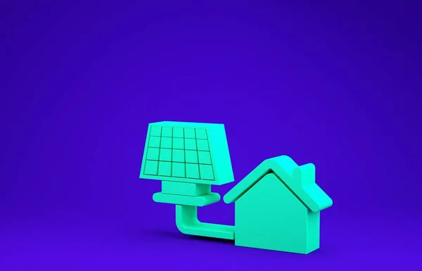 Green House with solar panel icon isolated on blue background. Ecology, solar renewable energy. Eco-friendly house. Environmental Protection. Minimalism concept. 3d illustration 3D render