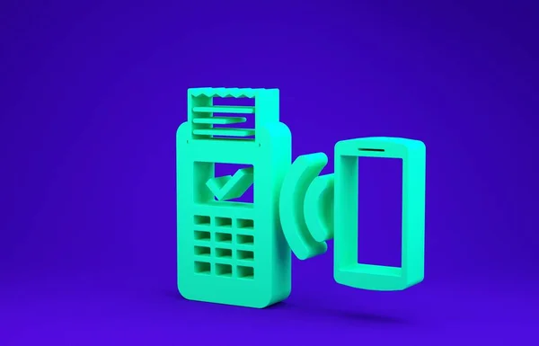Terminal de punto de venta verde con receptor impreso y confirma el pago por icono de teléfono inteligente aislado sobre fondo azul. Concepto de pago NFC. Concepto minimalista. 3D ilustración 3D render — Foto de Stock