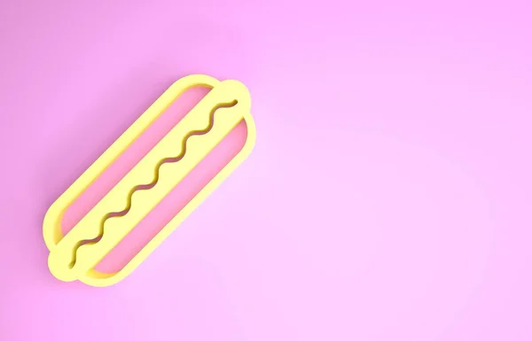 Kanapka z hot dogiem z ikoną musztardy na różowym tle. Ikona kiełbaski. Znak szybkiej obsługi. Koncepcja minimalizmu. Ilustracja 3d — Zdjęcie stockowe