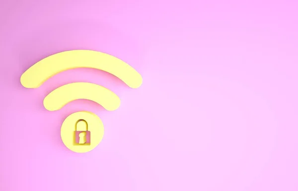Geel Wifi vergrendeld pictogram geïsoleerd op roze achtergrond. Wachtwoord Wi-Fi symbool. Draadloos netwerk icoon. Wifi zone. Minimalisme concept. 3d illustratie 3d renderen — Stockfoto