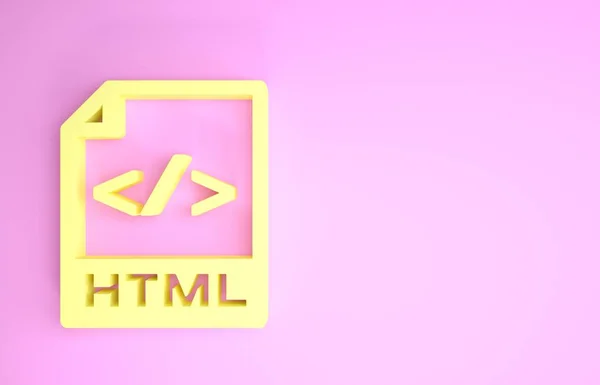 Document de fichier HTML jaune. Télécharger icône bouton html isolé sur fond rose. Symbole HTML. Symbole du langage de marquage. Concept de minimalisme. Illustration 3D rendu 3D — Photo
