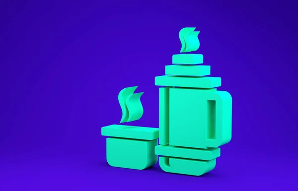 Icona contenitore Thermos verde isolato su sfondo blu. Icona della fiaschetta termica. Attrezzature da campeggio ed escursionismo. Concetto minimalista. Illustrazione 3d rendering 3D — Foto Stock