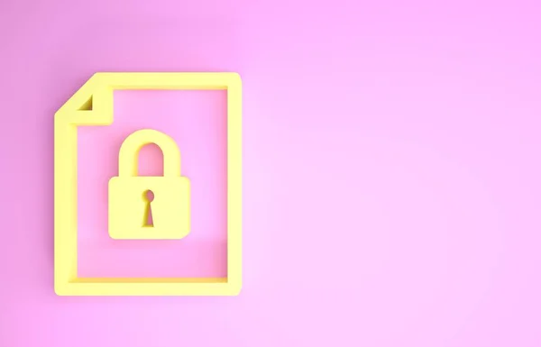 Gelbes Dokument und Schloss-Symbol isoliert auf rosa Hintergrund. Dateiformat und Vorhängeschloss. Sicherheit, Sicherheit, Schutzkonzept. Minimalismus-Konzept. 3D Illustration 3D Renderer — Stockfoto