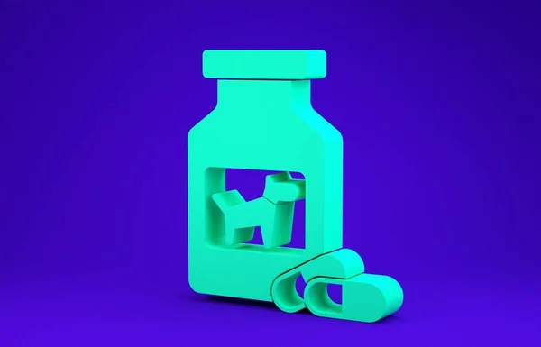 Bouteille de médicament pour chien vert et icône de pilules isolées sur fond bleu. Conteneur avec pilules. Médicaments sur ordonnance pour animaux. Concept de minimalisme. Illustration 3D rendu 3D — Photo