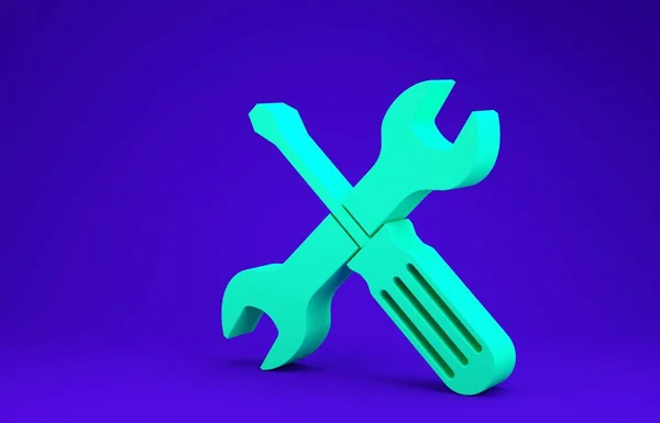 Cacciavite incrociato verde e chiave utensili icona isolata su sfondo blu. Simbolo strumento di servizio. Concetto minimalista. Illustrazione 3d rendering 3D — Foto Stock