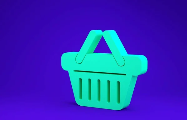Mavi arkaplanda yeşil alışveriş sepeti simgesi izole edildi. Minimalizm kavramı. 3d illüstrasyon 3d canlandırma — Stok fotoğraf