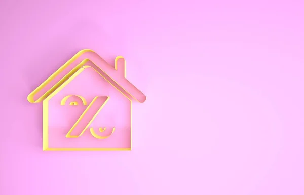 Желтый дом со значком ценника, выделенным на розовом фоне. Цена указана в процентах. Дом недвижимости. Символ процента кредита. Концепция минимализма. 3D-рендеринг — стоковое фото