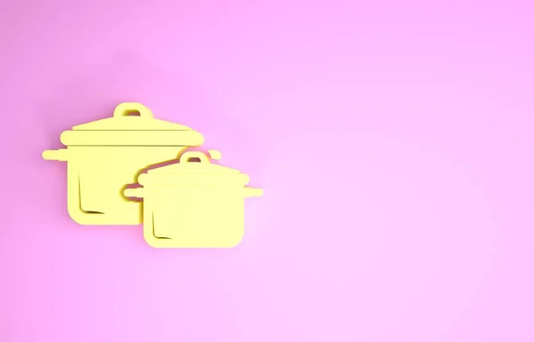 Gele kookpot pictogram geïsoleerd op roze achtergrond. Kook of stoofpot voedsel symbool. Minimalisme concept. 3d illustratie 3D renderen — Stockfoto
