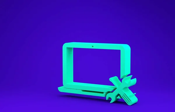 Laptop verde con cacciavite e icona della chiave isolata su sfondo blu. Regolazione, assistenza, regolazione, manutenzione, riparazione, fissaggio. Concetto minimalista. Illustrazione 3d rendering 3D — Foto Stock