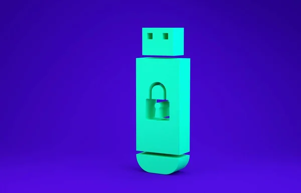 Зелений USB флеш-накопичувач з закритою піктограмою блокування ізольовано на синьому фоні. Безпека, безпека, концепція захисту. Концепція мінімалізму. 3D ілюстрація 3D рендеринга — стокове фото