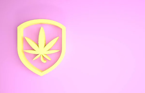 Gelbes Schild und Marihuana oder Cannabis-Blatt-Symbol isoliert auf rosa Hintergrund. Marihuana-Legalisierung. Hanf-Symbol. Minimalismus-Konzept. 3D Illustration 3D Renderer — Stockfoto