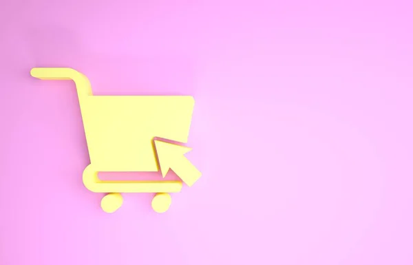 Carrito de compras amarillo con icono de cursor aislado sobre fondo rosa. Concepto de compra en línea. Señal de entrega. Símbolo de cesta de supermercado. Concepto minimalista. 3D ilustración 3D render — Foto de Stock