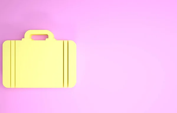 Yellow Suitcase for travel icon isolated on pink background. Traveling baggage sign. Travel luggage icon. Minimalism concept. 3d illustration 3D render — ストック写真