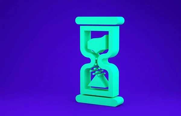 Reloj de arena verde viejo con el icono de arena que fluye aislado sobre fondo azul. Señal de reloj de arena. Concepto de negocio y gestión del tiempo. Concepto minimalista. 3D ilustración 3D render — Foto de Stock