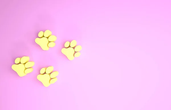 Icona stampa zampa gialla isolata su sfondo rosa. Impronta zampa cane o gatto. Traccia animale. Concetto minimalista. Illustrazione 3d rendering 3D — Foto Stock